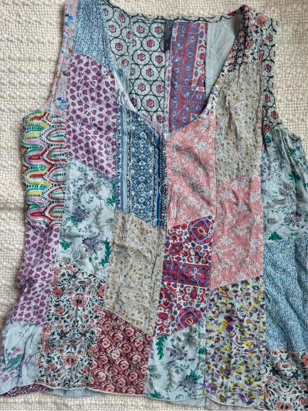 Boho Patchwork V-Neck Women’s Tank Top - Light Blue Multi